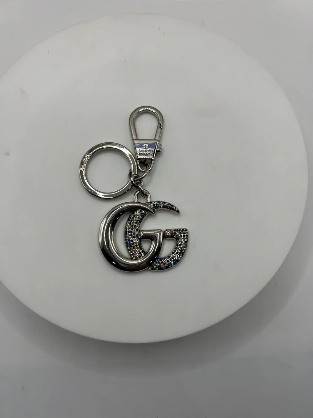 1497. Silver Plated Double G Keychain with Multicolor Stones